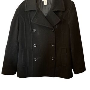St. John's Bay Women's Pea Coat Size 12P Black Double-Breasted Mid-Length